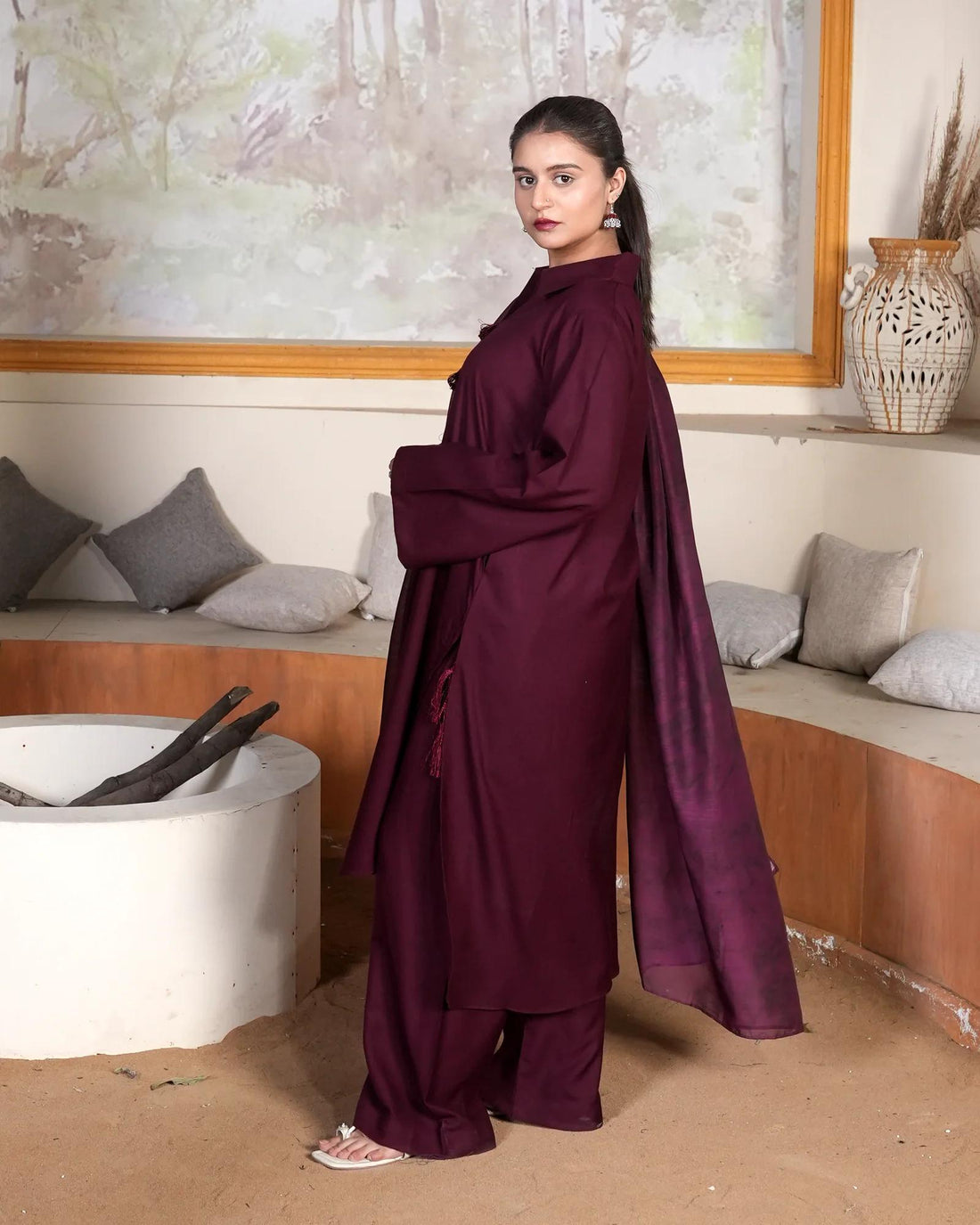 SOLID MEHROON DHANAK SET